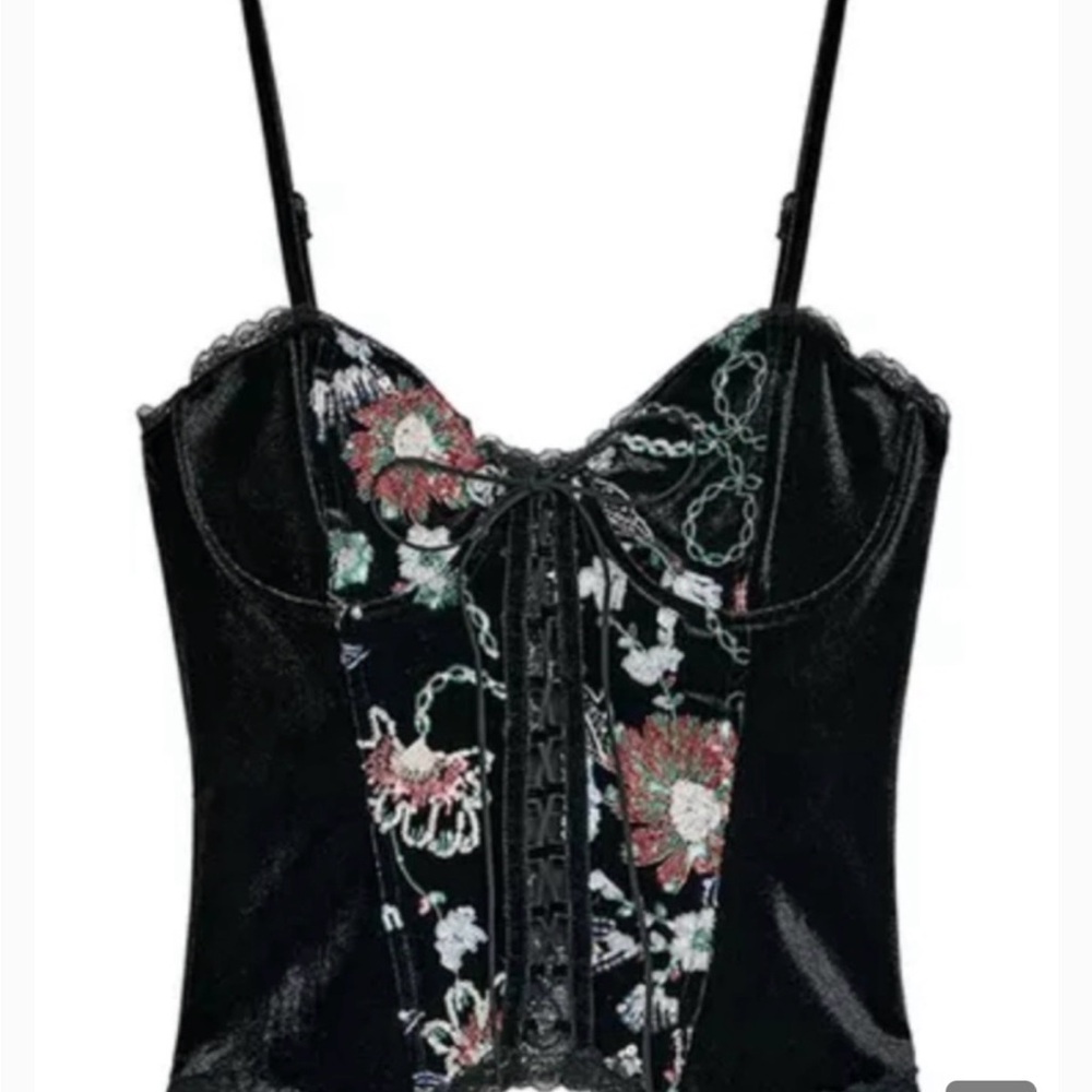 Zara new Black Floral Velvet Lace-Up Bustier Top brand new